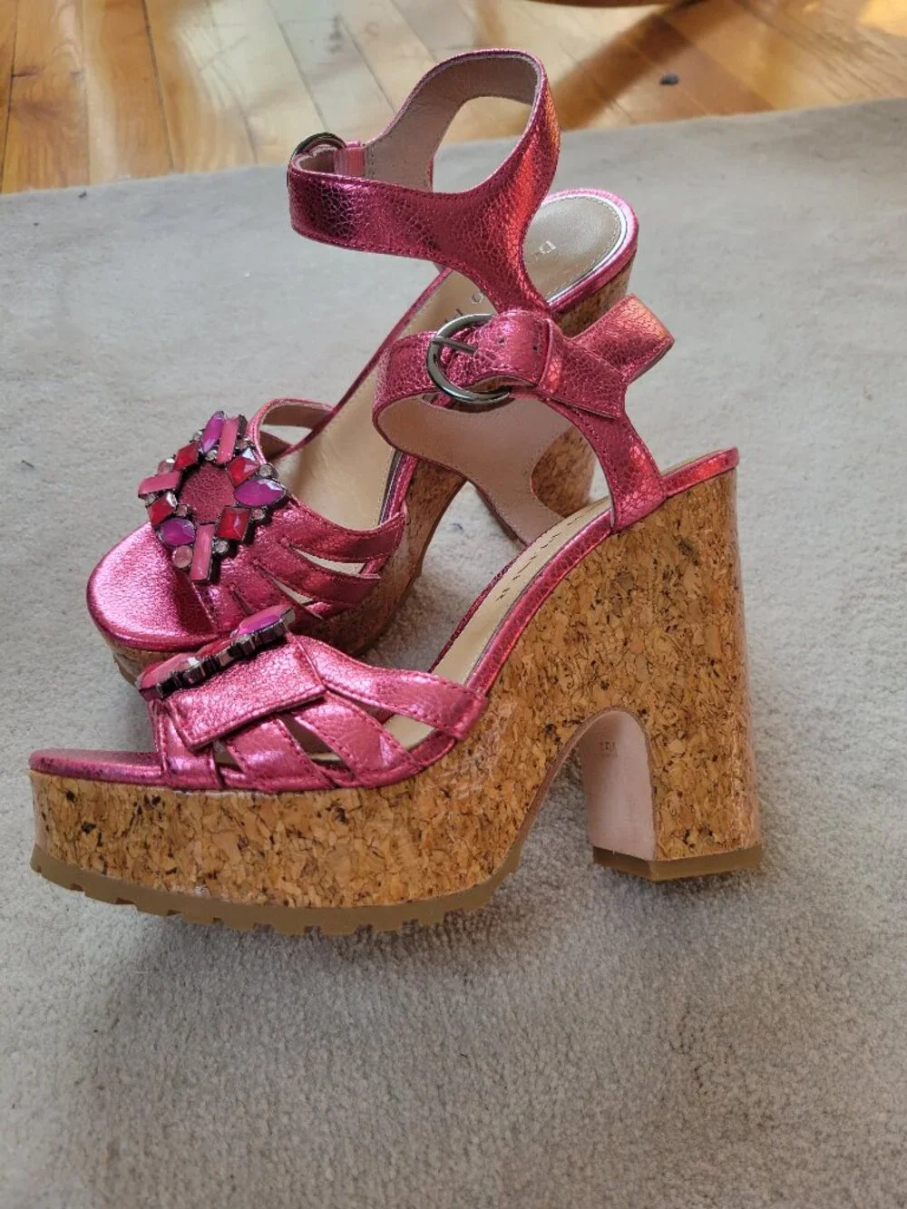 Donald Pliner Galatea Hot Pink Metallic Jeweled Glam Chic Cork Wedge Sandals 6.5